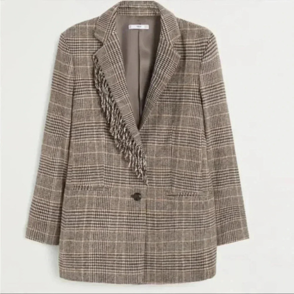 Mango Wool Blend Fringe Plaid Blazer Sz S - Picture 5 of 11